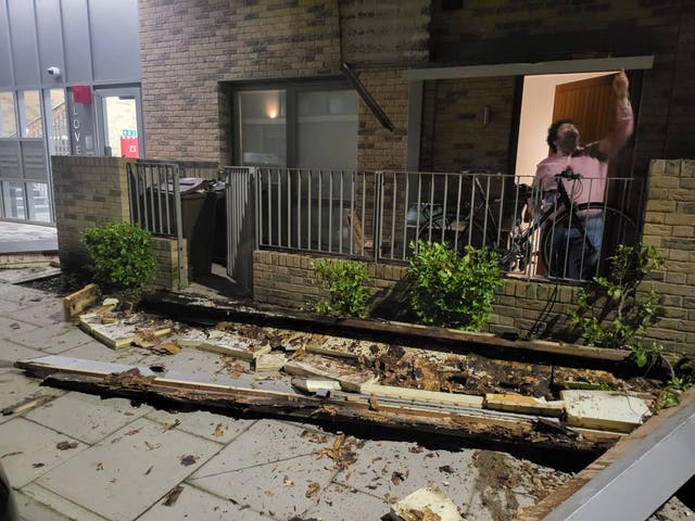 <p>The aftermath of a balcony collapse on the celebrated Gascoigne Estate in Barking, London</p>